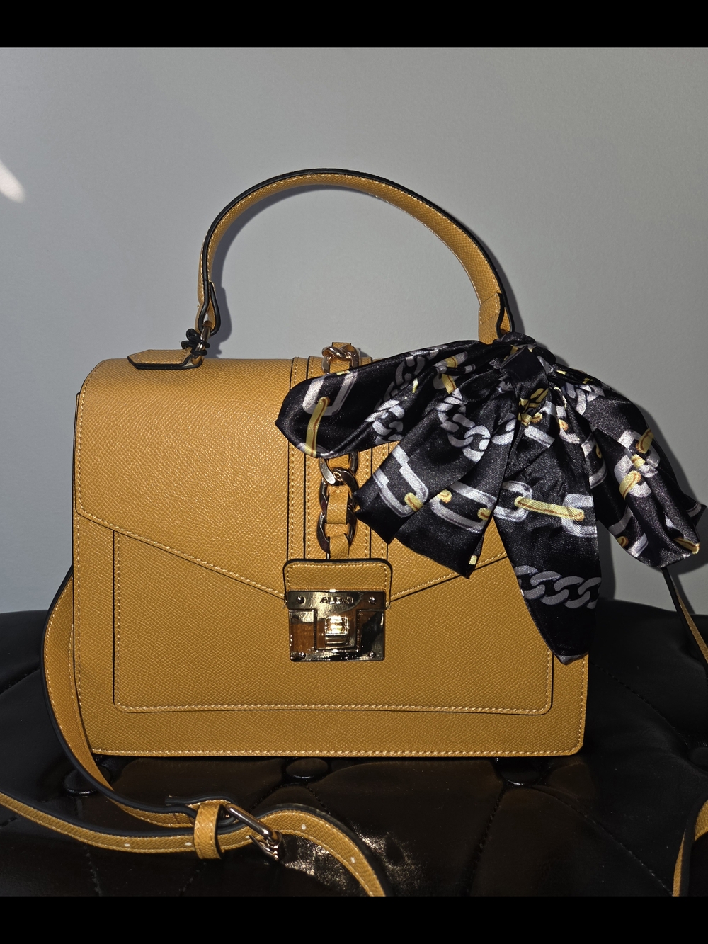 Aldo Mustard Yellow Structured Top-Handle Satchel with Black Scarf Accent